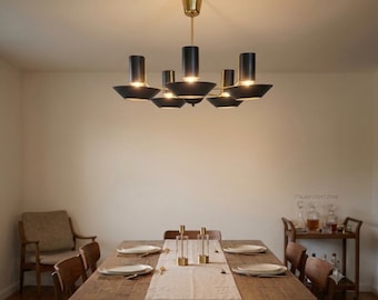 1960s Style Mid Century Modern Scandinavian 5 Light Chandelier, Handmade Brass Nordic Ceiling Light for Dining Room