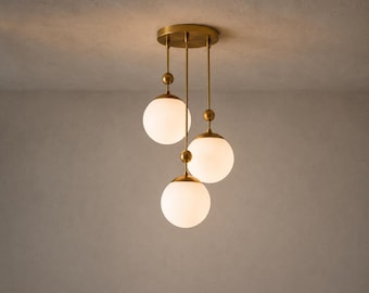 Modern 3 Light Globe Pendant Chandelier, Mid Century Brass Cluster Ceiling Light, White Globe Hanging Lamp, Minimalist Lighting