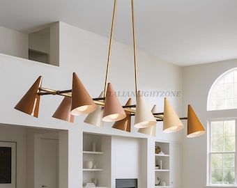 1920s Art Deco Mid Century Modern Brass Chandelier | Italian Stilnovo Sputnik Pendant Light | Ten Arm Cone Ceiling Fixture | Christmas decor