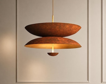Modern Double Dome Pendant Light, Mid Century Scandinavian Hanging Lamp, Rust Finish Designer Chandelier for Dining Room Kitchen Island