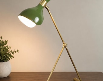 Mid Century Modern Green Tripod Table Lamp, Adjustable Brass Desk Lamp, Italian Stilnovo Style Reading Light, Retro Metal Accent Lamp