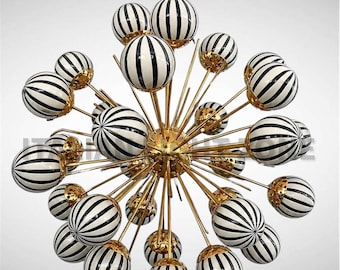 1950s Mid Century Modern Brass  Zebra Glass Sputnik Chandelier | Retro Ceiling Light Pendant Lighting for Dining Room, Bedroom & Living Room