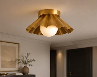 Mid Century Modern Brass Semi Flush Mount Ceiling Light, Fluted Scalloped Ceiling Lamp, Modern Flush Mount Brass Fixture