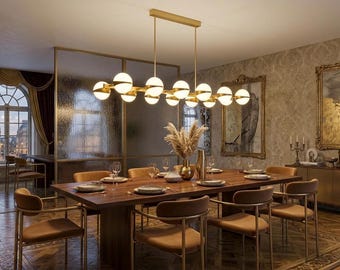 Mid Century Modern Brass Sputnik Chandelier, Handmade 12 Light Opaline Globe Dining Room Light, Stilnovo Style Ceiling Light