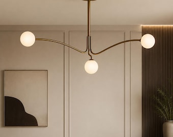 Modern Brass Chandelier, 3 Light Ceiling Fixture, Mid Century Pendant Light, Contemporary Dining Room Lighting, Minimalist Home Decor