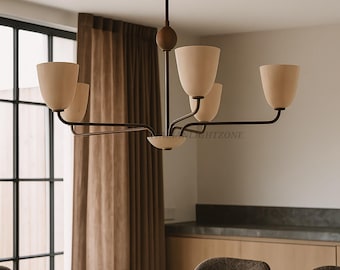 Żyrandol w stylu Mid Century Modern | Włoska lampa sufitowa w stylu vintage z lat 50. XX wieku | Wisząca lampa w stylu retro z 5 kloszami w kolorze kremowym do salonu