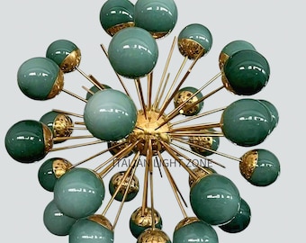 Lustre Sputnik de latão e vidro verde, estilo moderno de meados do século XX (década de 1950) | Luminária pendente retrô para sala de jantar, quarto e sala de estar.
