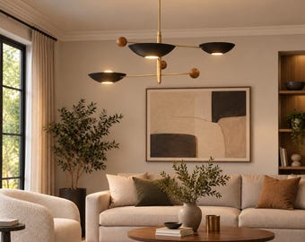 Mid-Century Sputnik Chandelier, Brass Walnut 3-Light Pendant, Black Bowl Shades