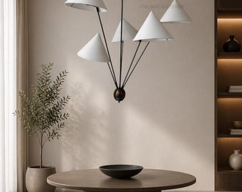 Modern 5-Light Cone Pendant Chandelier – Mid Century Brass Multi Arm Ceiling Light with White Shades Light Fixture For Living room & dining