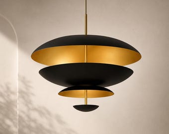 Mid Century Modern Black Pendant Light, Scandinavian Layered Ceiling Lamp, Brass Hanging Light Fixture, Nordic Dining Room Lighting