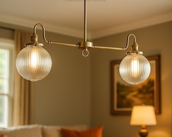 Vintage Brass Chandelier with Ribbed Glass Globes | 2-Light Linear Pendant | Italian Mid-Century Ceiling Light for Kitchen or Dining