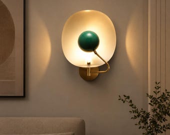 Mid Century Modern Brass Wall Sconce, Italian Stilnovo Wall Lamp, Green Metal Ball Wall Light, Modern Bedroom Hallway Bathroom Vanity Light