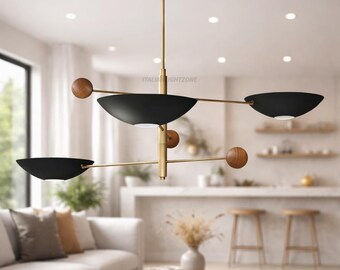 Mid Century Sputnik Chandelier – Brass & Walnut Wood 3-Light Ceiling Light, Black Bowl Shades Modern Italian Designer Fixture For bedroom
