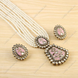 Lange Polki Halskette - Pakistanischer Schmuck - Kundan Halsketten-Set mit Ohrring - Indischer Hochzeit Brautschmuck - Halbedelstein Brautjungfer Perlenkette
