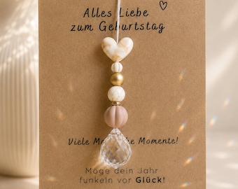 Colgante atrapasoles Corazón Beige para Cumpleaños • Atrapasueños • Atrapasueños para Ventana • Idea de regalo para un cumpleaños especial con tarjeta Momentos Mágicos