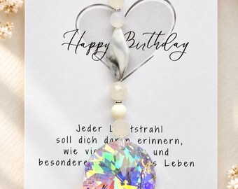 Sonnenfänger Geburtstag Mitbringsel Herz Weiß Silber grau • Sun catcher • Sonnenfänger Fenster • Geschenkidee runder Geburtstag mit Karte