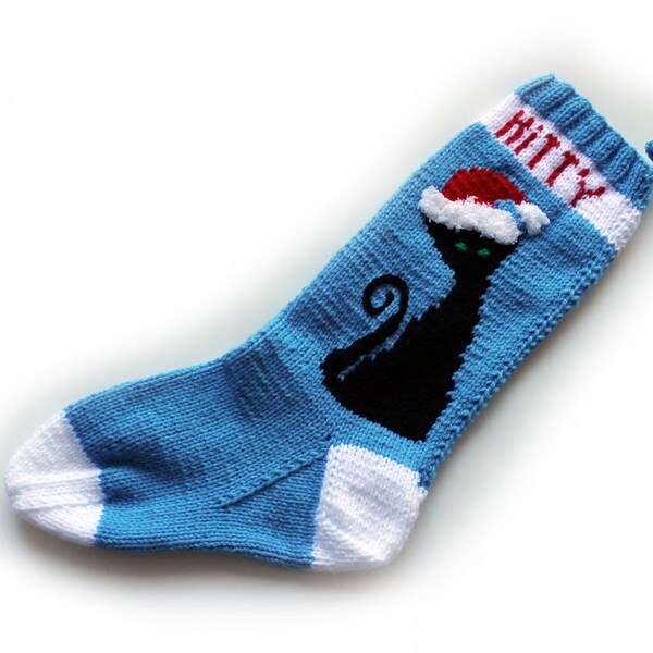 Christmas Stocking Knit Black Cat Blue