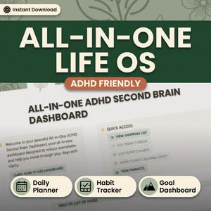May include: A digital dashboard interface titled ALL-IN-ONE LIFE OS and ALL-IN-ONE ADHD SECOND BRAIN DASHBOARD. The layout includes a quick access menu with buttons for shopping lists, mood, habits, journals, and finances, plus daily planner, habit tracker, and goal dashboard icons.