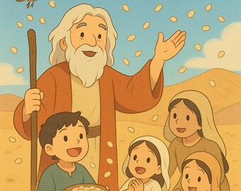 Può includere: Illustrazione in stile cartoon di una scena biblica con un uomo, bambini e uccelli. Il testo spagnolo "¡Maná paratodos!" è in alto. Sfondo desertico.