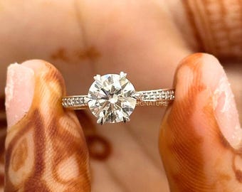 Bague en diamant rond de 1,5 rond | Bague solitaire anneau cathédrale | Sertissage en forme de coeur à 6 broches | Bague de fiançailles ronde pour elle