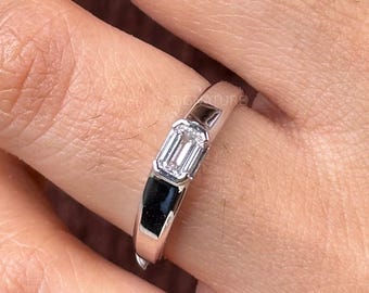 Emerald Cut Diamond Bezel Set East West Engagement Ring |14K Solid Gold Ring Chunky Ring | 0.50 CT Solitaire Lab Grown Diamond Proposal Ring