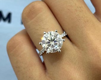 Anello di fidanzamento con diamante da laboratorio rotondo D/VS1 da 4 carati, certificato IGI / Oro 14k, alone nascosto