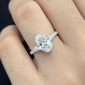 3 carat Oval Lab Grown E VVS2 Diamond Ring | 3 CT Oval Diamond Thin Engagement Ring | Double Claw Prong Ring | 14k Yellow Gold Dainty Ring