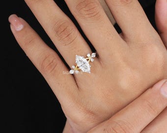 14K Yellow Gold Nature Inspired Bridal Ring, 2 Carat Marquise Lab Grown Diamond Engagement Ring,  Floral Accent Vintage Band, IGI Certified