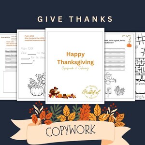 Könnte beinhalten: Eine Sammlung von Arbeitsblättern zum Abschreiben und Ausmalen zum Thema Thanksgiving. Die Seiten zeigen Kürbisse, eine Vogelscheuche und den Text "Happy Thanksgiving". Die Wörter "Give Thanks" und "Copywork" sind ebenfalls sichtbar.