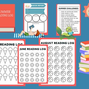 Peut inclure: Ensemble de journaux de lecture et de défis estivaux. Comprend un livre rouge intitulé "Summer Reading Log", un formulaire de compte rendu de livre et des listes de contrôle de défis de lecture. Comprend également une pile de livres et une illustration de soleil.