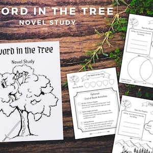 May include: A spiral-bound book and worksheets for a novel study titled "Sword in the Tree." The cover features a tree with a sword, and the worksheets include chapter analysis and book activity prompts. The background is a wooden surface.