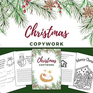 Könnte beinhalten: Eine Sammlung von Weihnachtskopierseiten mit festlichen Illustrationen und Texten. Der Titel "Christmas COPYWORK" ist in roter Schrift dargestellt. Die Seiten zeigen Bilder einer Krippenszene, eines Babys in einer Krippe und Weihnachtsglocken, alle in Schwarzweiß.