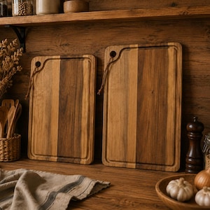 Peut inclure: Deux planches à découper rectangulaires en bois avec un motif de grain naturel, présentant des coins arrondis, une rainure à jus sur le pourtour et un trou circulaire dans le coin supérieur gauche avec un cordon en cuir fin pour suspendre.