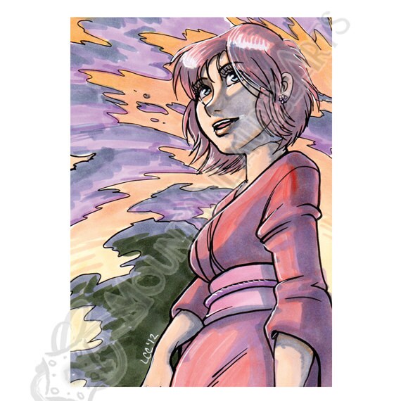 Anime Art Card Print Anime Drawing Kimono Girl Sunset Etsy