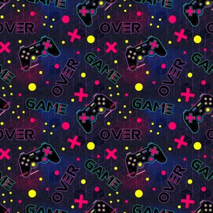 May include: A repeating pattern featuring black game controllers, the words "GAME" and "OVER", pink crosses, and yellow dots on a dark background. The design has a neon-like glow, creating a vibrant, digital aesthetic.