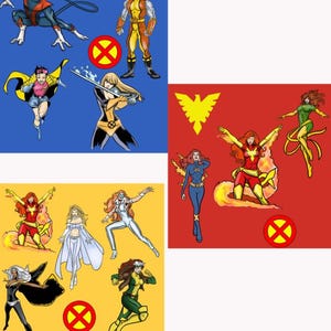 Op de afbeelding: Stripboekstijl illustraties van X-Men-personages op blauwe en gele achtergronden. Personages zijn onder meer Nightcrawler, Colossus, Jubilee, Psylocke, Phoenix, Storm, Rogue en anderen. Elk personage staat in een dynamische pose.