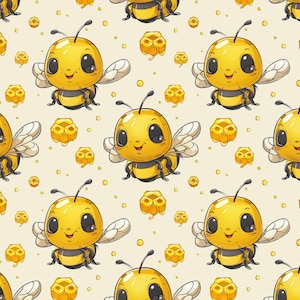 Peut inclure: Motif répété de charmantes abeilles de dessin animé avec de grands yeux, des corps jaunes et des rayures noires. Les abeilles ont de petites ailes et sont entourées de formes de nid d'abeilles et de petits cercles jaunes.