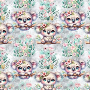 May include: A repeating pattern featuring adorable cartoon koalas with floral crowns, perched on branches. The koalas have large, expressive eyes and are surrounded by watercolor-style flowers in shades of pink, blue, and green, set against a soft gray background.