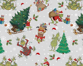 May include: A repeating pattern featuring the Grinch in various Christmas scenes. The Grinch is depicted with a Christmas tree, presents, and a sack of gifts. The background is a light gray with snowflakes, Santa hats, and holly.