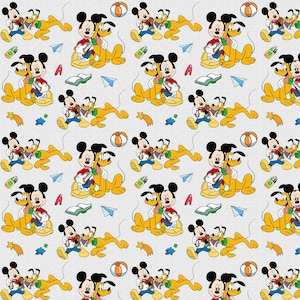 May include: A repeating pattern featuring Mickey Mouse and Pluto in various poses. Mickey is wearing a red shirt and blue shorts, while Pluto is yellow. The pattern includes books, pencils, and a beach ball on a light gray background.