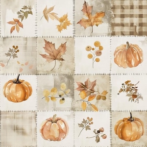 May include: A patchwork-style fabric design featuring sixteen square panels with watercolor illustrations of orange pumpkins, brown maple leaves, yellow berries, and beige plaid patterns, all separated by dark dashed stitching lines.