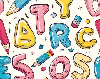 鉛筆生地、文字生地、子供用幼稚園生地 100% コットン生地 (半ヤード単位)