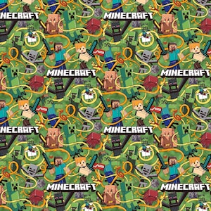 May include: A repeating pattern featuring characters and elements from the video game Minecraft. The design includes the word "Minecraft" in white block letters, along with various characters, weapons, and TNT blocks on a green background.