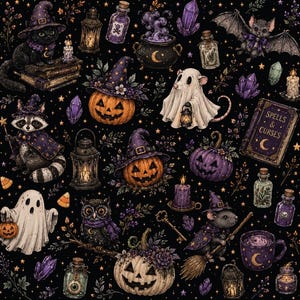 May include: A black fabric pattern featuring illustrations of a cat, raccoon, owl, and mouse wearing witch hats, ghosts, jack-o'-lanterns, purple crystals, potion bottles, lanterns, candles, and a book titled Spells & Curses on a dark background.