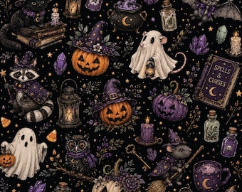 Halloween häxdjurstyg svart magiskt spöke pumpa bomullstyg, halvmeters konst- och hantverkstryck (45x55 cm)