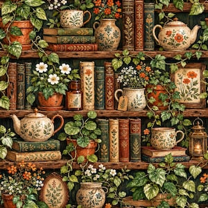 Puede incluir: Una estantería de madera de varios niveles llena de libros antiguos, plantas en macetas, teteras de cerámica, tazas y arte botánico enmarcado. La escena presenta hiedra trepadora, flores naranjas y blancas y una pequeña linterna.