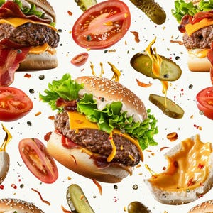 May include: A repeating pattern featuring cheeseburgers with beef patties, melted yellow cheese, bacon, and green lettuce on sesame seed buns, interspersed with floating slices of red tomatoes, green pickle spears, and drips of yellow mustard.