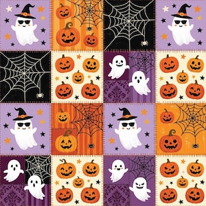 Peut inclure: Un motif de tissu patchwork présentant des éléments d'Halloween, notamment des fantômes blancs portant des chapeaux de sorcière noirs et des lunettes de soleil, des citrouilles orange et des toiles d'araignée noires sur des fonds violets et orange.