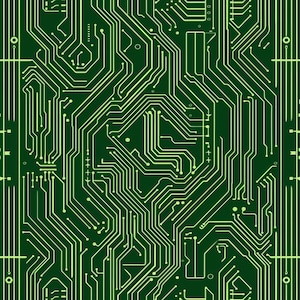 Puede incluir: Un patrón gráfico digital con un fondo verde oscuro y líneas de placa de circuito en verde claro. El diseño muestra una red compleja de vías, nodos y trazas interconectadas que imitan la disposición de una placa de circuito impreso.