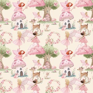 May include: A charming pattern with fairies, deer, mushrooms, and floral details in gentle pinks, greens, and creams. The design includes fairy houses, butterflies, and flower wreaths, creating a fairytale aesthetic.